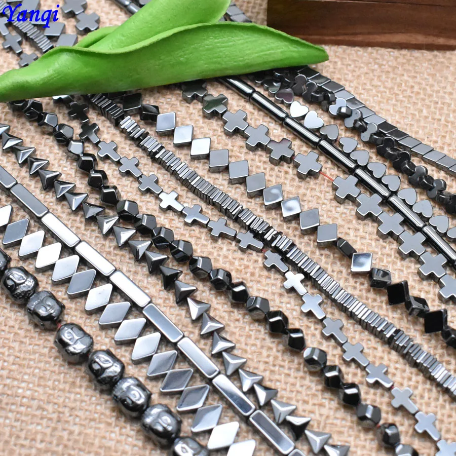 Natural Stone Heart Cross Buddha Square Black Hematite beads Loose Spacer beads For Jewelry Making DIY Bracelet Diverse Style