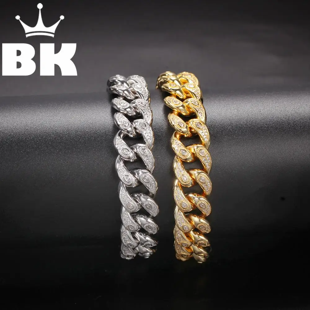 

15mm Copper EyeBagnette Cuban Bracelet Iced Out CZ Bracelet Gold Silver Color For Men Luxury Box Clasp Drop Shipping