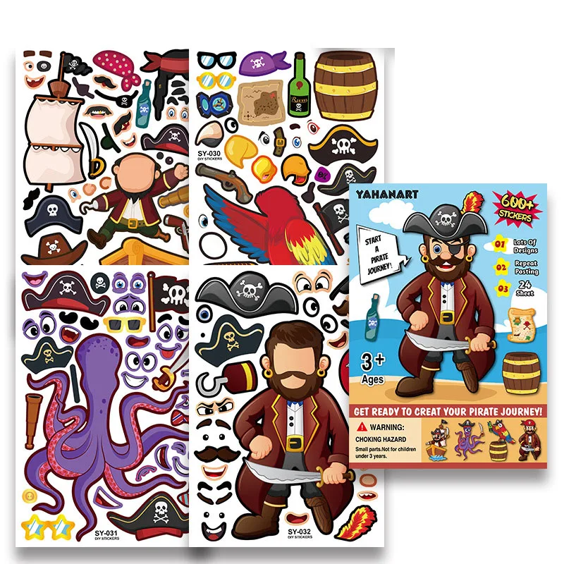 4Sheets Pirate Kingdom Kids DIY Stickers Make A Face Puzzle Games Sticker Sheet Birthday Party Gift Children Toddlers Paste Craf