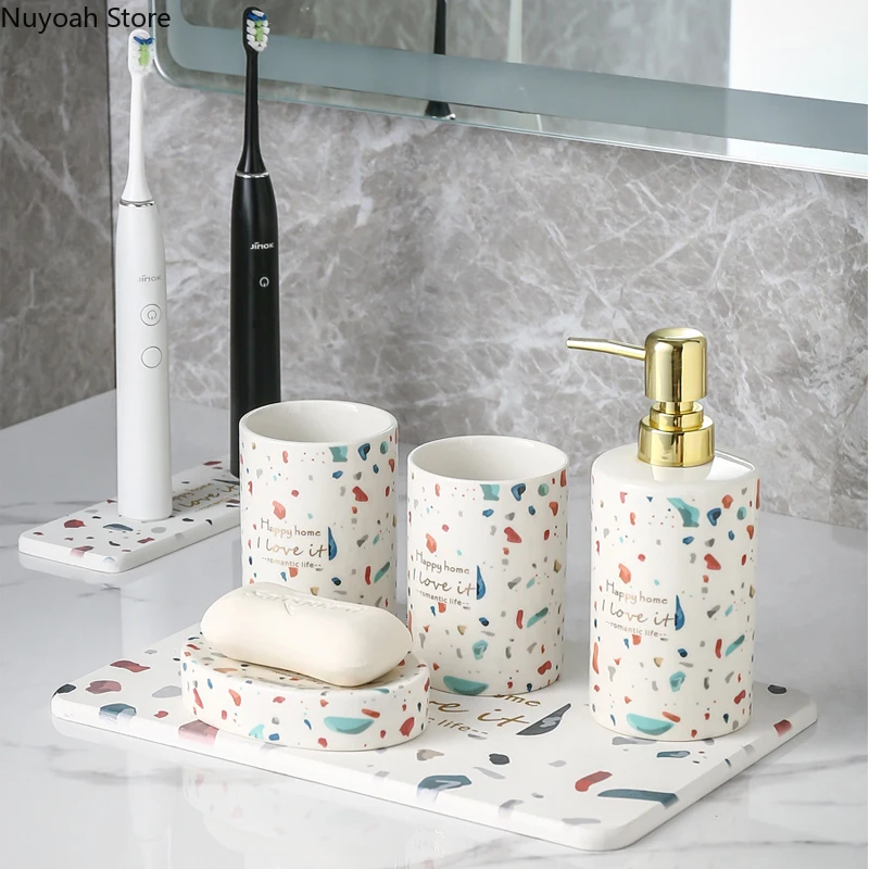 Bathroom Accessories Nordic Light Luxury Terrazzo Pattern Ceramic Lotion Bottle Algae Mud Pad Mouthwash Cup Bathroom Decoration