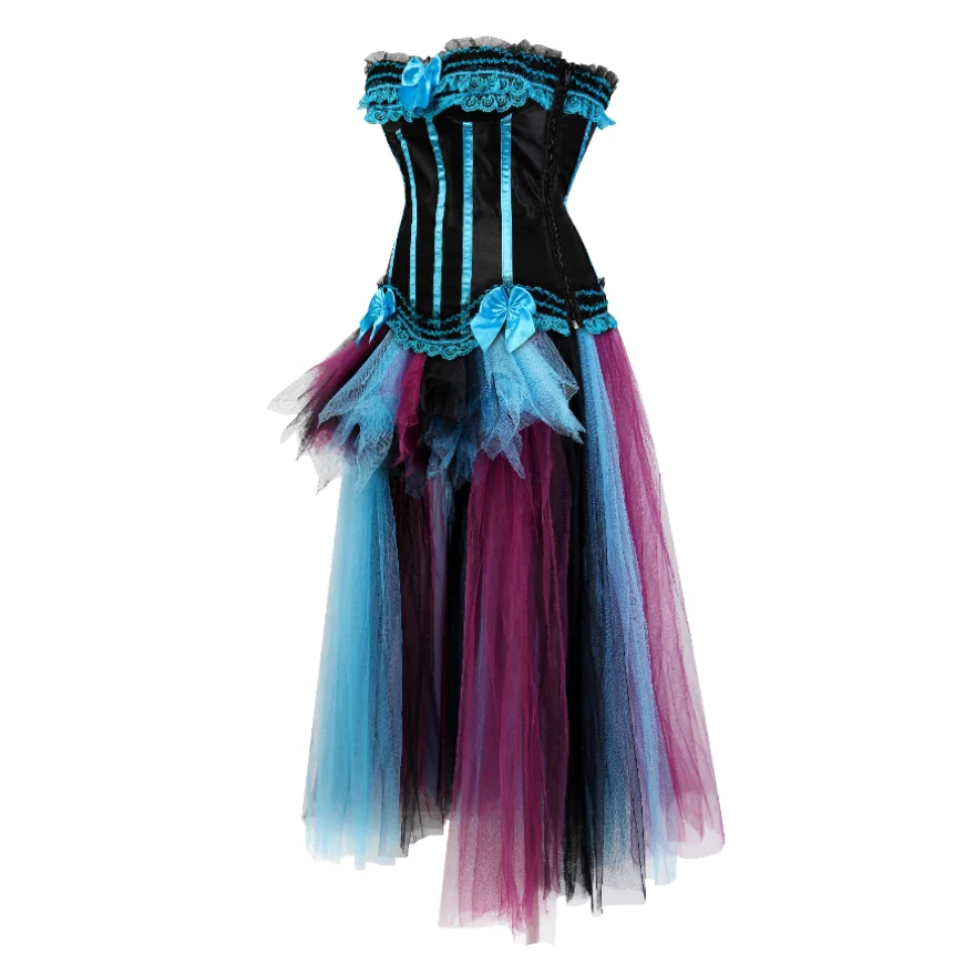 Women Sexy Corset Dress Vintage Satin Lace Corset Bustier Lingerie Top With Burleque Multicolor Tulle Long Skirt Set Plus Size