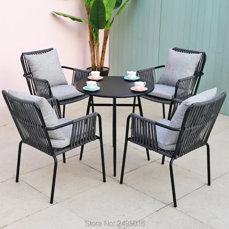 

5-piece outdoor Woven rope furniture dining set for Restaurants, cafes with cushions all weather,anti-Rust