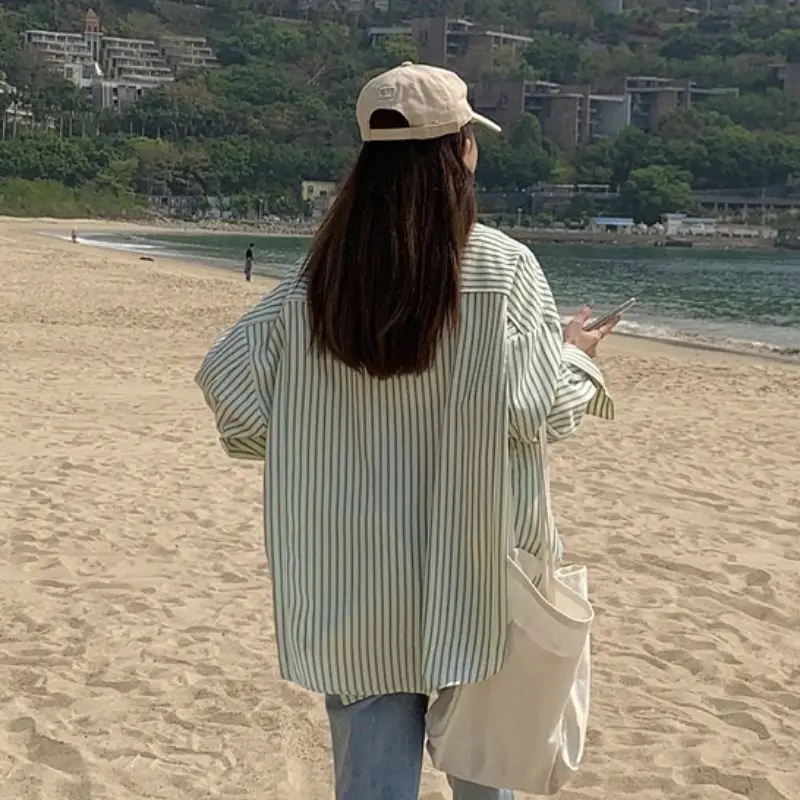 Summer New Striped Shirts Temperament Simplicity Sunscreen Long Sleeve Blouse OL Loose Sense of Minority Blusas Female Retro Ins