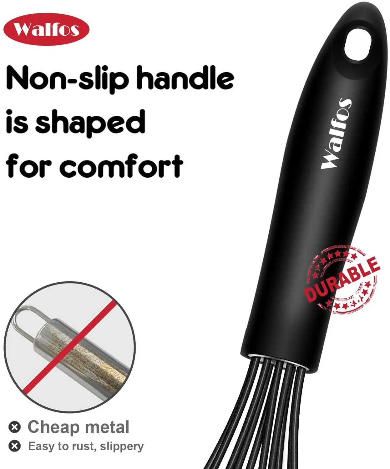Walfos Silicone Whisk Stainless Steel Wire Whisk - Heat Resistant Kitchen Whisks For Non-Stick Egg Foamer Stirrer Kitchen Tool