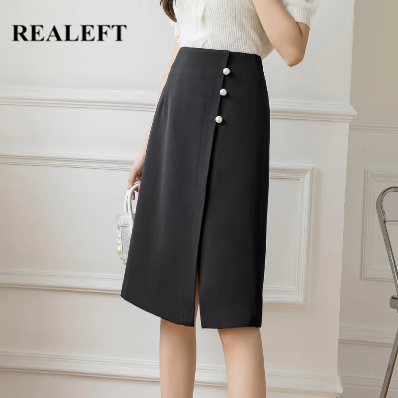 REALEFT Autumn OL Style Wrap Midi Skirts for Womens 2021 New Black High Waist Buttons Elegant Zipper Split A-Line Skirts Female