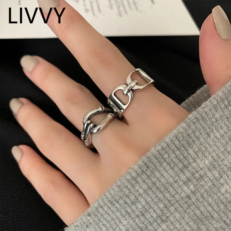 LIVVY 실버 컬러 할로우 아웃 기하학적 체인 크로스 조정 가능한 반지 여성용, 심플하고 창의적인 쥬얼리 인덱스 손가락 파티 선물