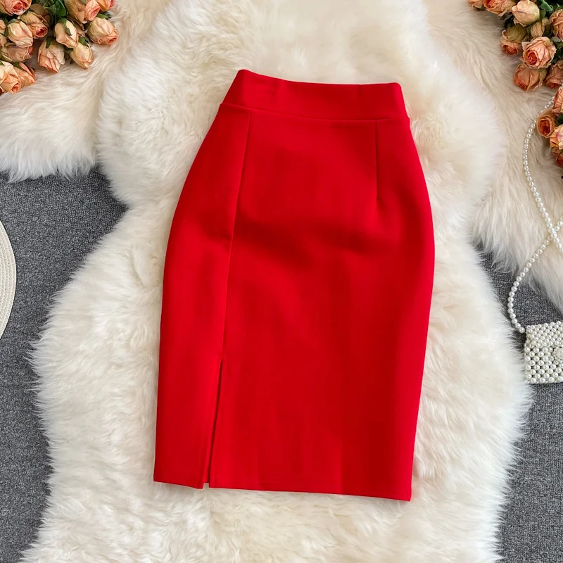 Women\'s Skirt Solid High Waist Work Pencil Skirt 2025 New Fashion Ladies Slim Fit Split Office OL Skirt Grey Red Black Skirts