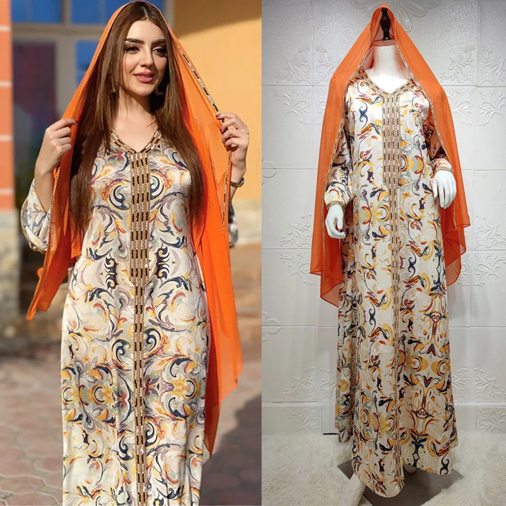 

Islamic Muslim Women Printed Long Dress Arabic Abaya Turkey Ramadan Maxi Robe Gown Middle East Dubai V-neck Hijab Dress Caftan