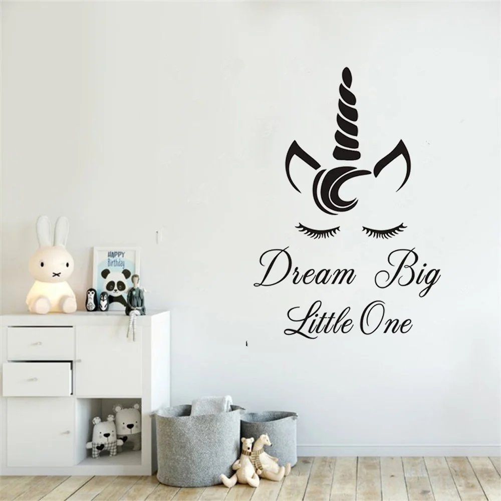 Dream Big Little One Quote Wall Sticker Vinyl Wall Decal Girl'S Room Decoration Unicorn Wallpaper Home Wall Art