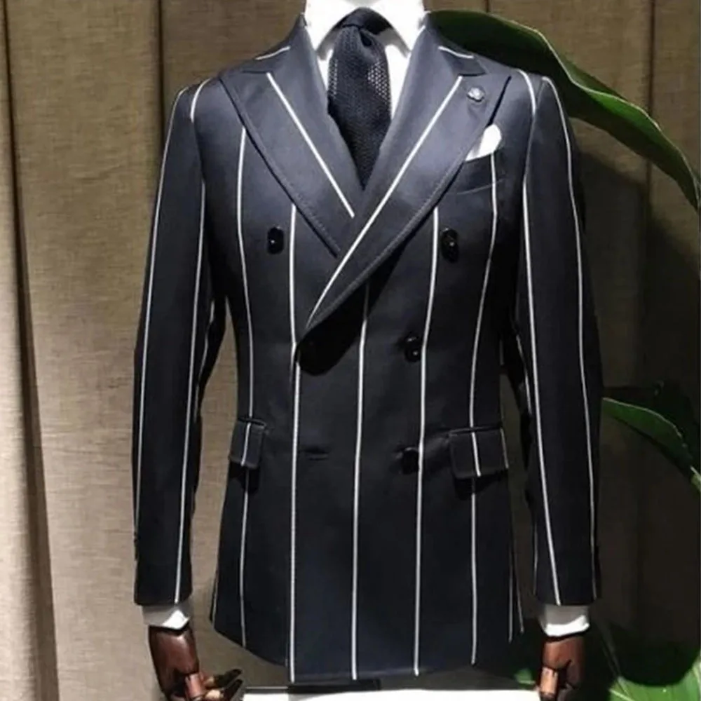 White Pinstripe Black Men Suits Outwear Fit Slim Formal Coat Wide Lapel Blazer Double Breasted Overcoat Tuxedos Male Blazer 2023