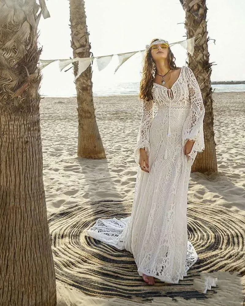 Robes de mariée vintage en dentelle au crochet avec manches longues, sirène à col en V, hélicoptère, pays de l'Ouest, cowgirl bohème, mariée, quoi que ce soit, 2021