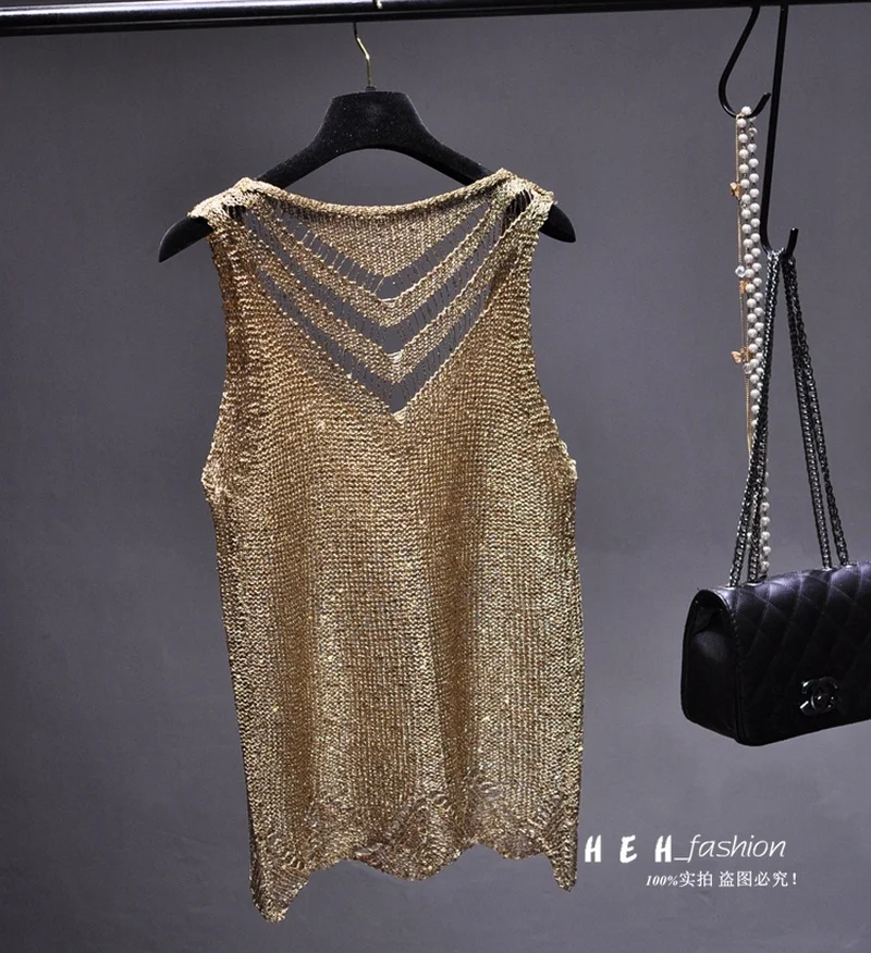 Sequins Sexy Hollow Out Light Silk Condole Belt Vest Gold Sleeveless Knitting Coat Top Mujer Verano 2024  Heart Cut Out Top