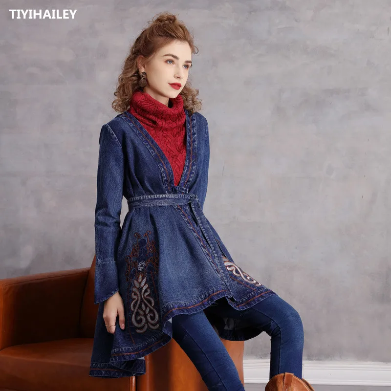 

TIYIHAILEY Free Shipping 2022 New Fashion Embroidery Irregular Denim Women Vintage Chinese Trench With Belt Single Button M-XL