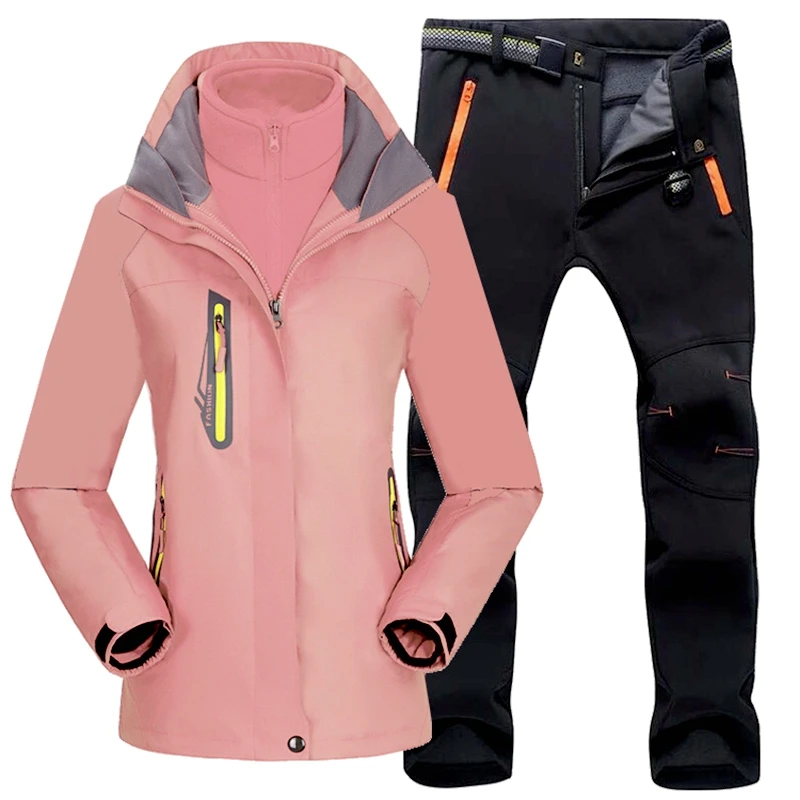 Ensemble veste et pantalon de ski imperméables pour femme, trempés, extérieur, randonnée, ski, pêche, trekking, chaud, sourire, femme, hiver