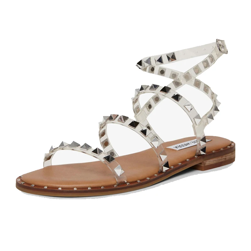 Sandalias con remaches para mujer, zapatos ligeros y antideslizantes, Sandalias planas transparentes con tachuelas de diseñador, moda de verano, 2023