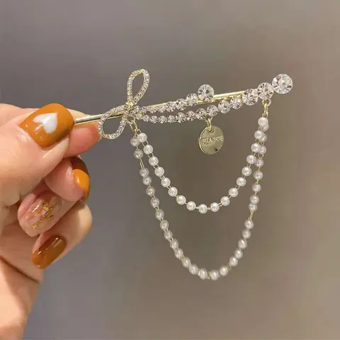 Clip para el pelo con lazo de diamantes de imitación para mujer, flequillo con borla, horquilla lateral de hada, Clip de pico de pato, novedad de 2024