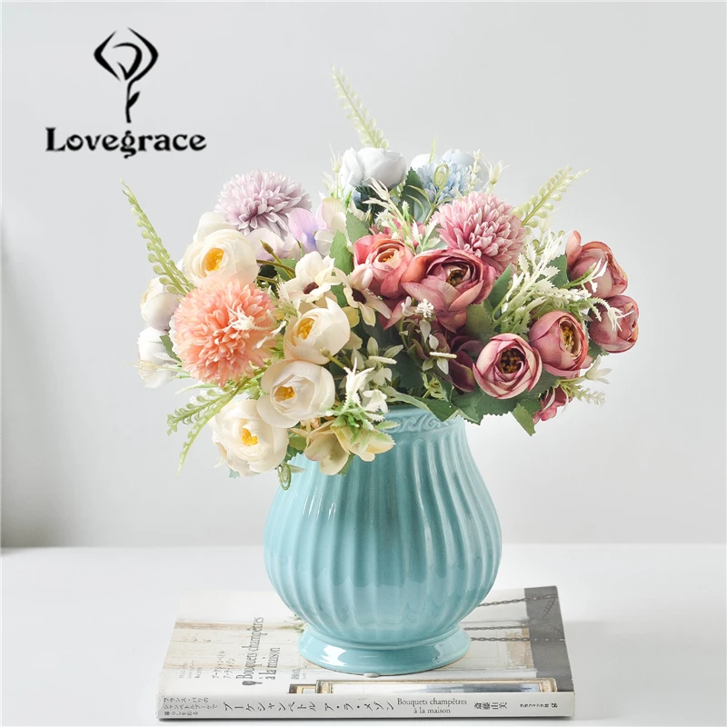 Lovegrace Wedding Bouquet Roseดอกไม้ผ้าไหมประดิษฐ์ดอกไม้ไฮเดรนเยียงานแต่งงานปลอมDIYตกแต่ง