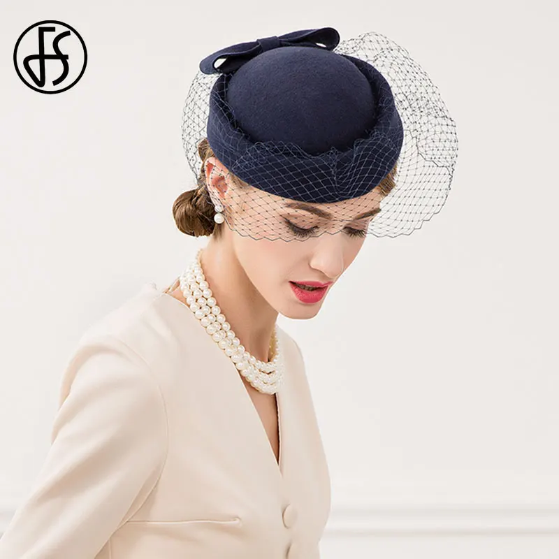 FS Vintage Royal Blue Wool Felt Pillbox Hat Fascinator For Elegant Women Wedding Beret Hat Veil Fedora Ladies Church Caps