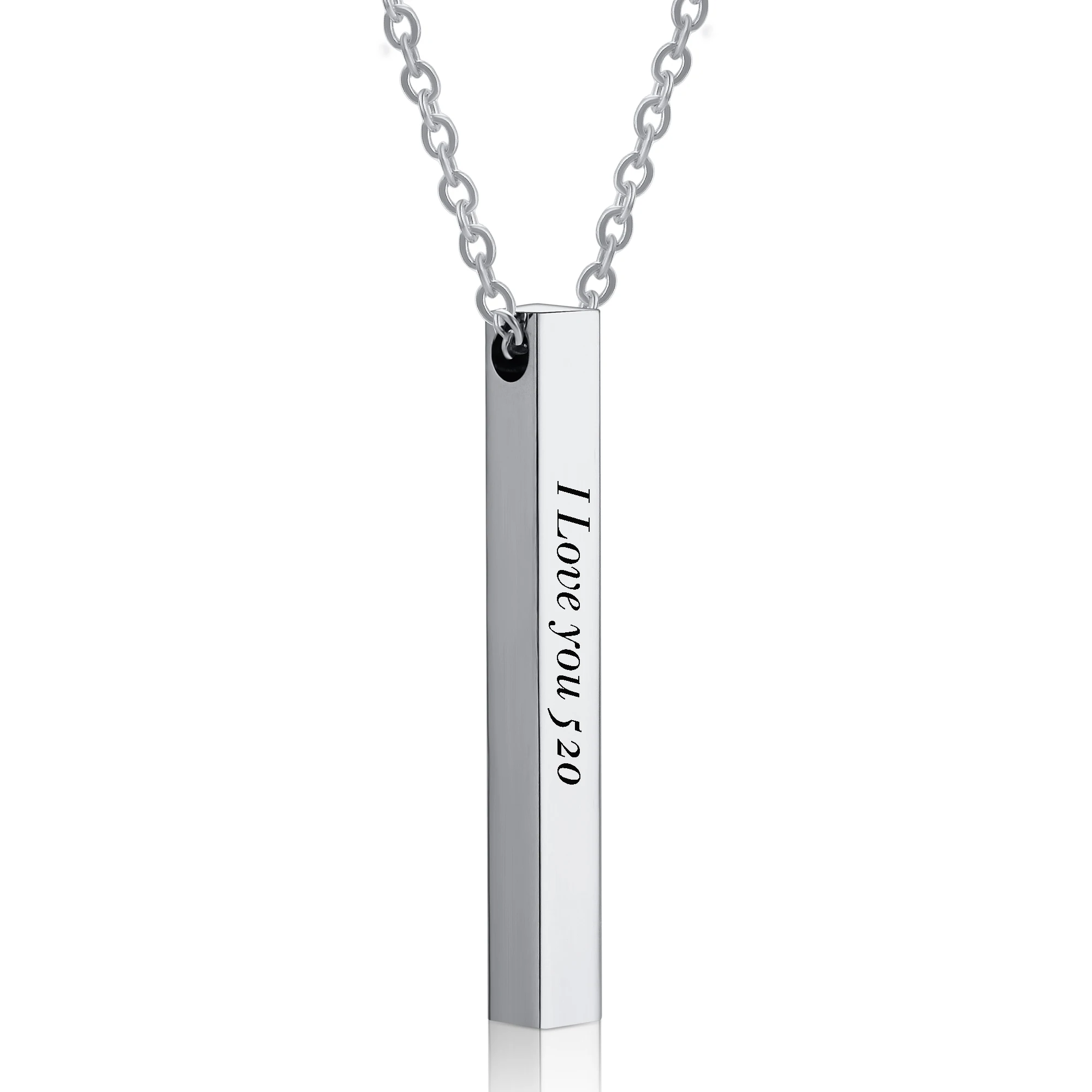 Silver/Gold Stainless Steel Four Sides Engraving Name Square Pendant Couple Necklaces  For Women Men