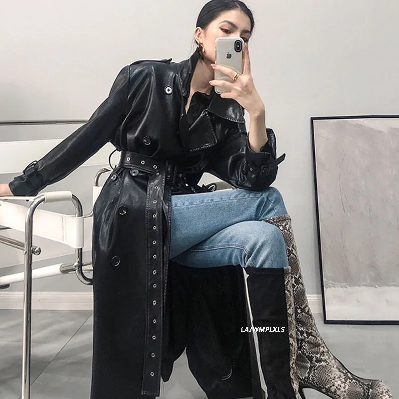 Gothic Tie up black long leather trench coat for women long sleeve single breasted women fashion 2022 Faux leather overcoat