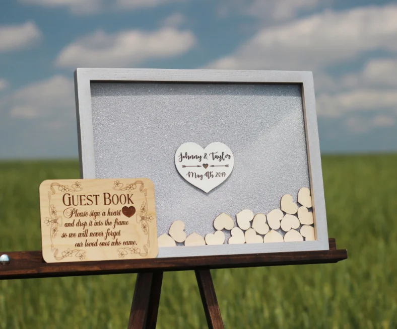 

personalise glitter Silver rustic wedding heart guest book alternative wood Wedding sign in book baby shower drop wishes box