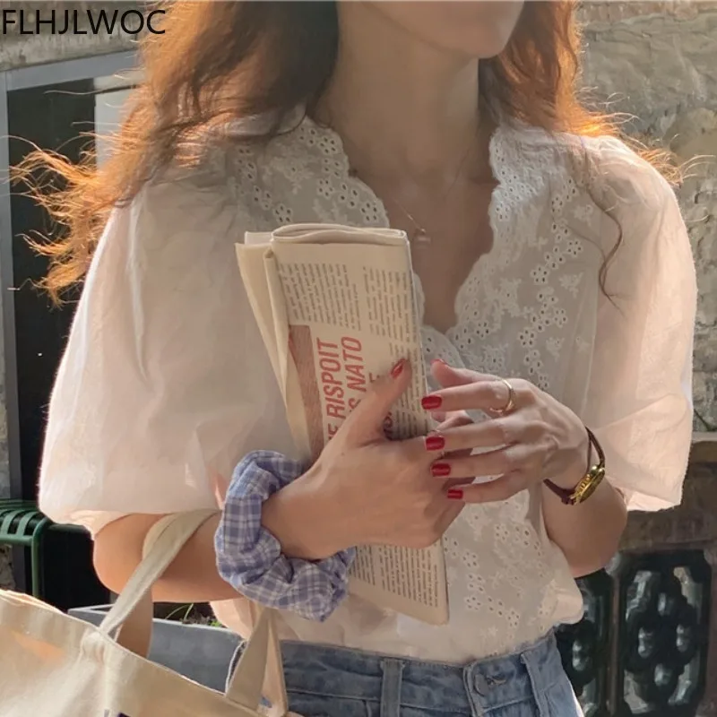 Women Chic Korea Design Clothes Fashion Short Sleeves Solid Lace Hollow Out Embroidery Tops Single Breasted Button White Shirt