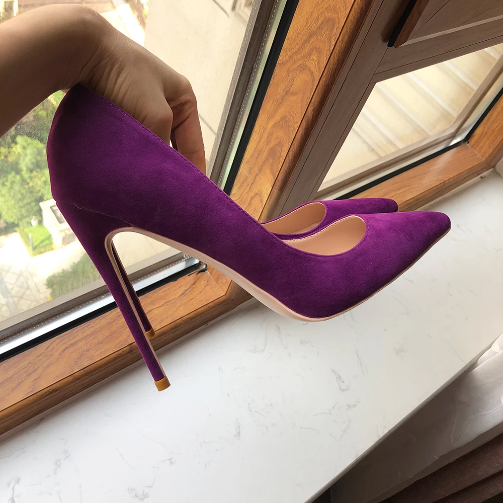 Tikicup 8cm 10cm 12cm Women Solid Purple Flock Pointy Toe High Heels Elegant Ladies Gorgeous Stiletto Pumps Party Dress Shoes