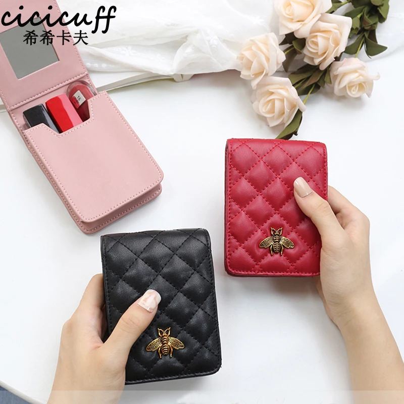 Lipsticks Case Mini Genuine Leather Walet Female Makeup Mirror Lipstick Case Plaid Cosmetic Organizer Girl\'s Cosmetic Cases