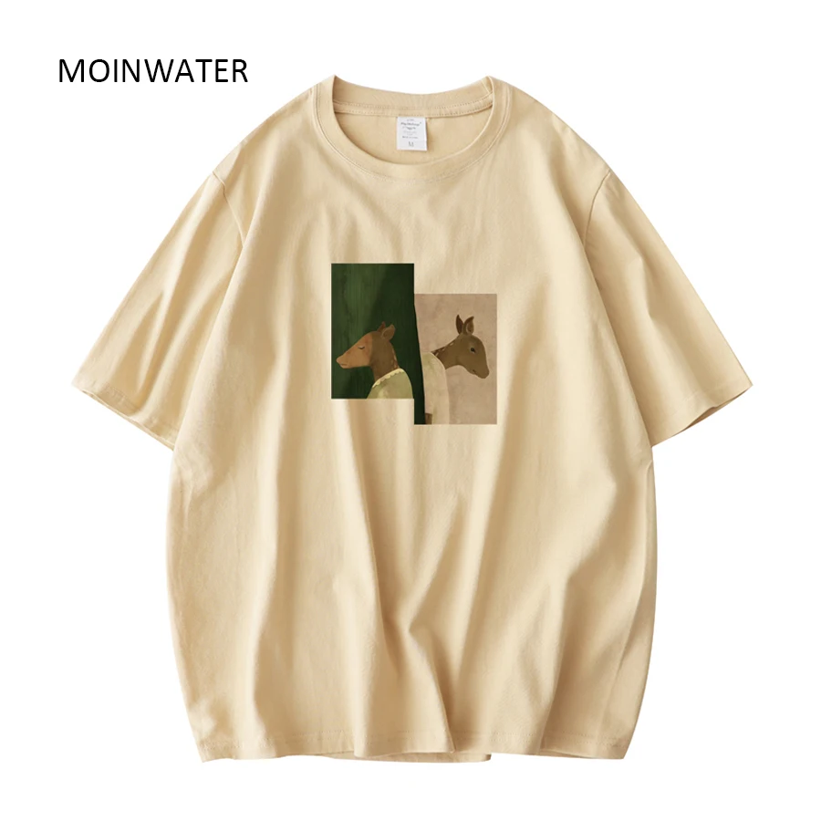 MOINWATER Women New Summer Short Sleeve T shirts Lady Deer Pattern Green Tees Female Khaki T-shirt Tops MT21041