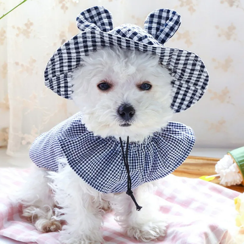 Summer Lovely Bear Ear Pet Dog Hat Lattice Cats Dogs Caps Adjustable Puppy Kitten Sun Hats Pet Accessories Chihuahua