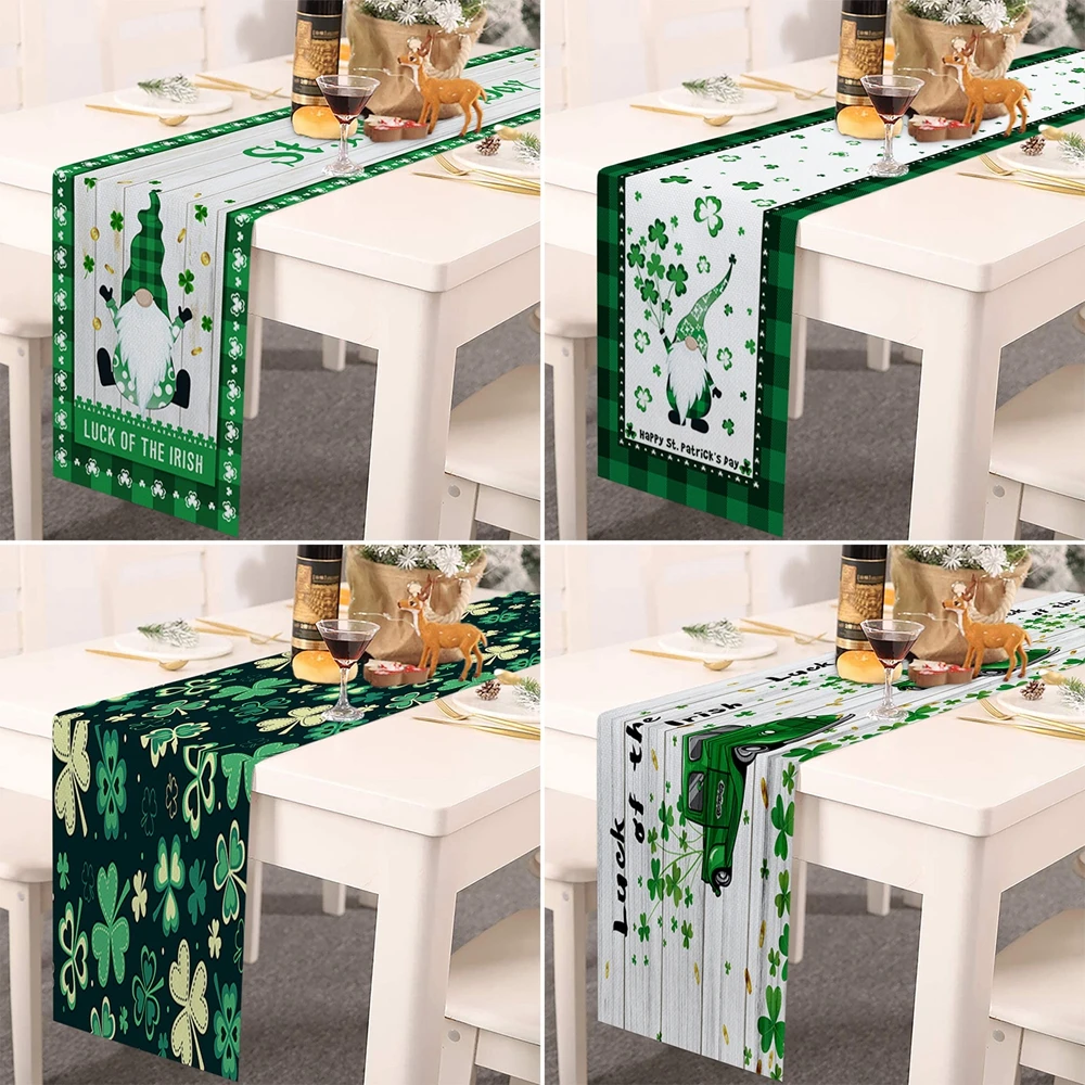 St. Patrick's Day Table Runner Green Irish Santa Printed Embroidered Table Runner For Saint Patricks Day Holiday Table Decor