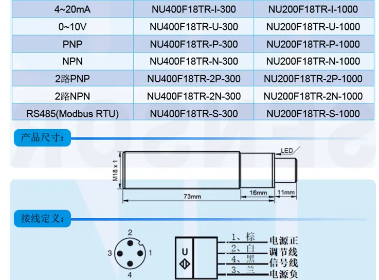 자동차 거리 인체 액체 레벨 측정 초음파 변환기 NU200F18TR-1MD, 500mm, 1000mm, M18 초음파 거리 센서