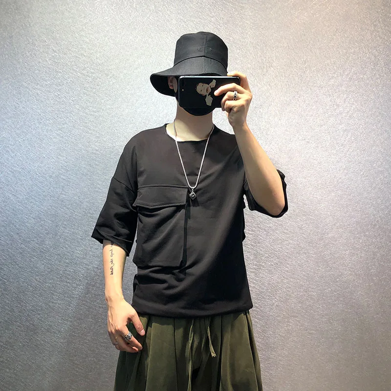 Big Bag Medium Long Solid Color Cargo T-Shirt for Teenage Korean Loose T-Shirt for Men Large Size
