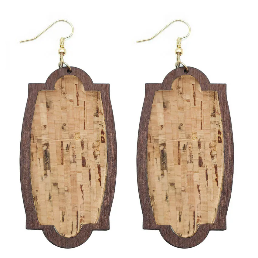 女性のための楕円形の革のイヤリング,幾何学的な形のイヤリング,天然木のフレーム,コルクレザー,卸売ジュエリー