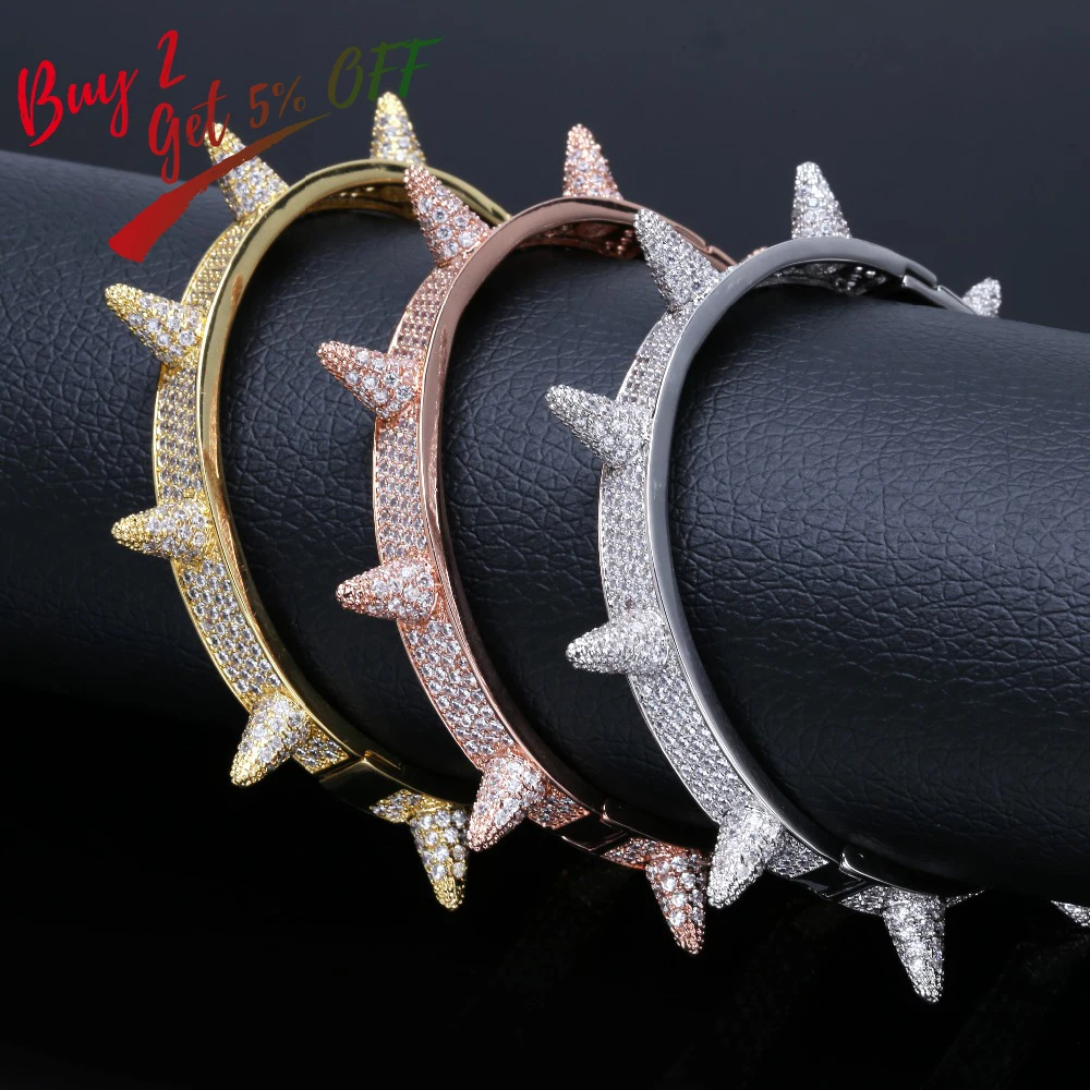 TOPGRILLZ Spikes Rivet Stud Mens Charm Bracelets Bangle Iced Out Gold Silver Color Bracelets Hip Hop/Punk Gothic Bling Jewelry