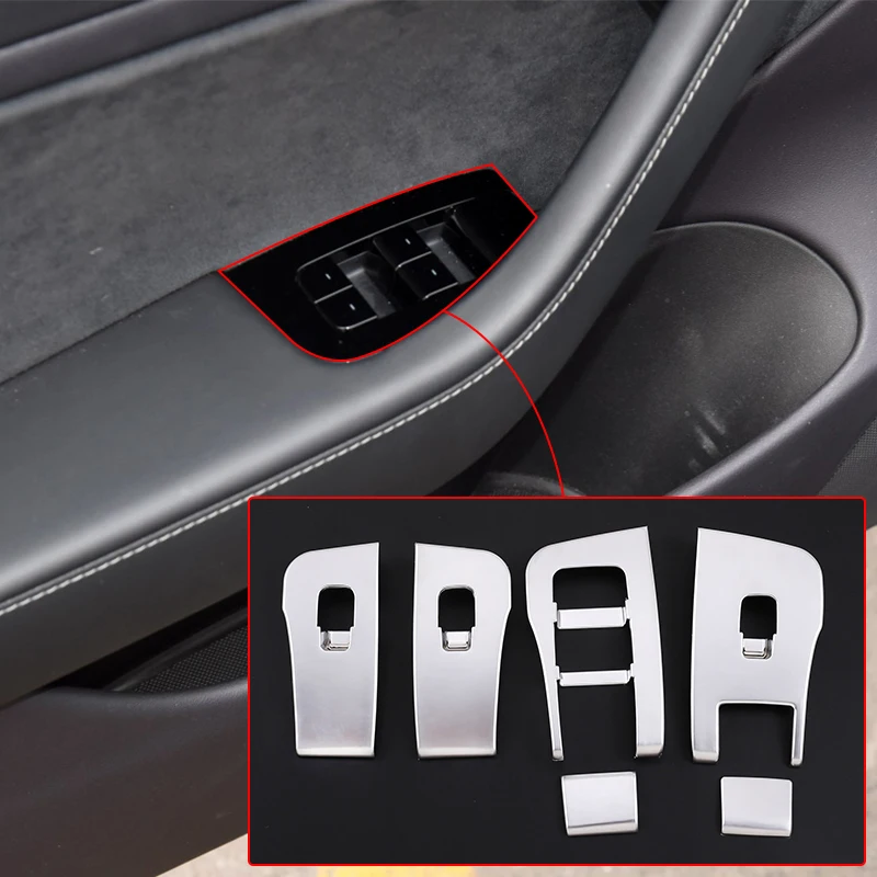 

6pcs Car Windows Lift Button Switch Frame Cover Trim Sticker Silver ABS Chrome For Tesla Model 3 Auto Accessories Interior
