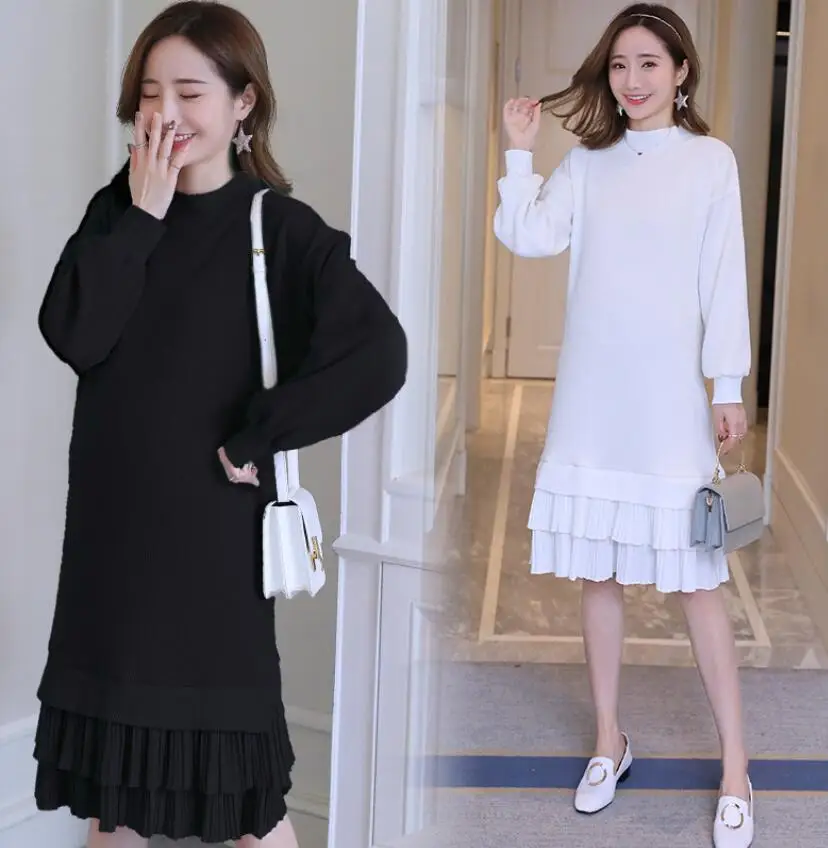 2019 New Winter Pregnant Women Knitted Dress Solid Color Long Lantern Sleeve Knitting Patchwork Pleated Chiffon Ruffles Dress