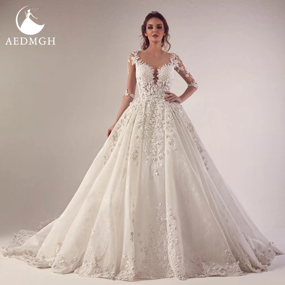 Aedmgh Ball Gown 3D Flowers Wedding Dresses Sweetheart Half Sleeve Robe De Mariee Lace Appliques Vintage Custom Made Bridal Gown