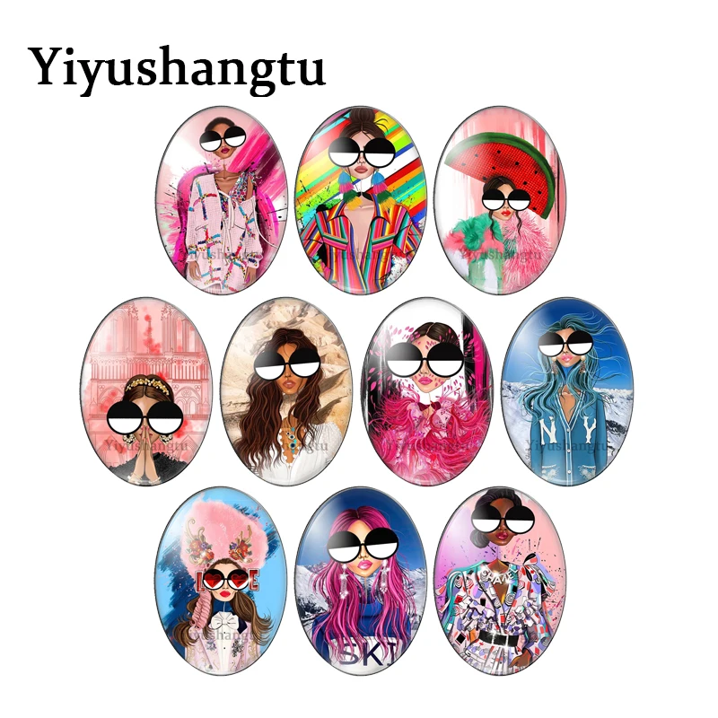 Fashion girl model dress cool sunglasses 10pcs mixed 13x18mm/18x25mm/30x40mm Oval photo glass cabochon flat back Making findings