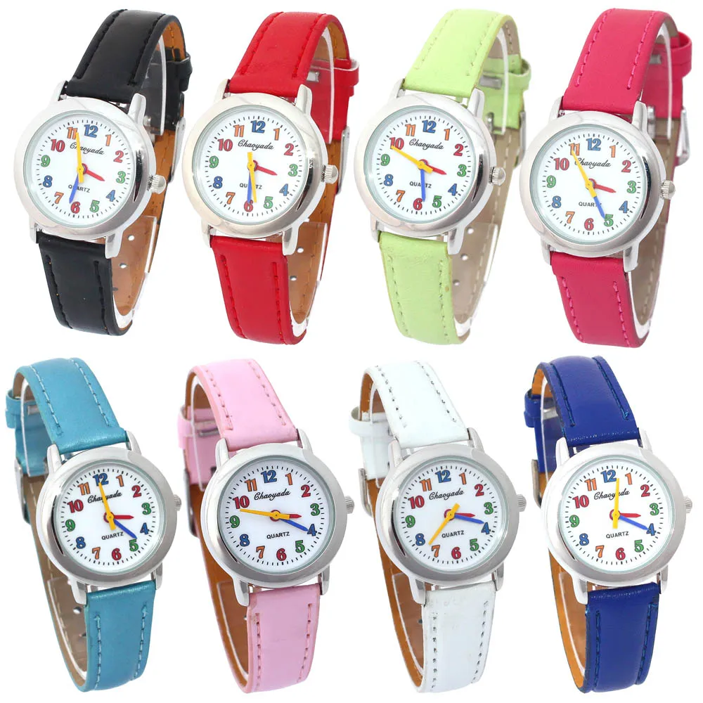 Montre à Quartz en cuir pour enfants, jolie montre-bracelet colorée pour filles