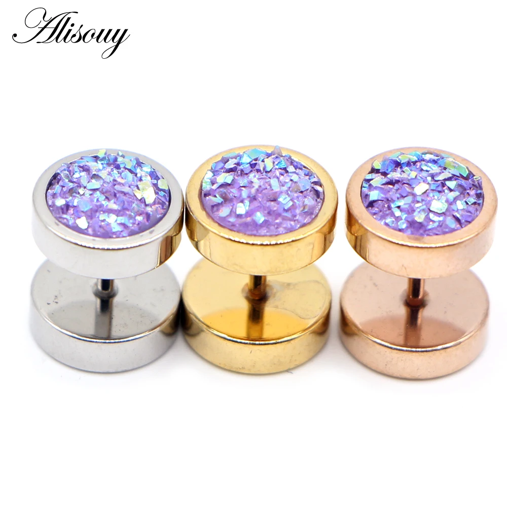 Alisouy 2pc Stainless Steel Earring Punk Round Ore Crystal Men Women Dumbbells Barbell Ear Stud Earrings Piercing Jewelry
