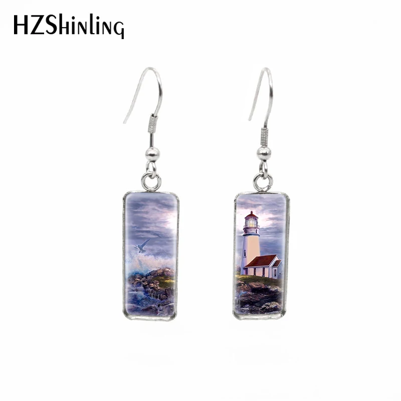 2020 New Night Watch Under Sea Earring Lighthouse Sunrise Rectangular Hook Earrings Glass Cabochon Jewelry Handmade
