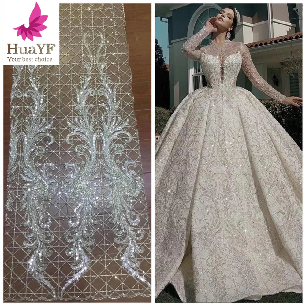 

2020 New Beads Sequins Lace Fabric Luxury Evening Dress French Design Can Choose Off White HY1352