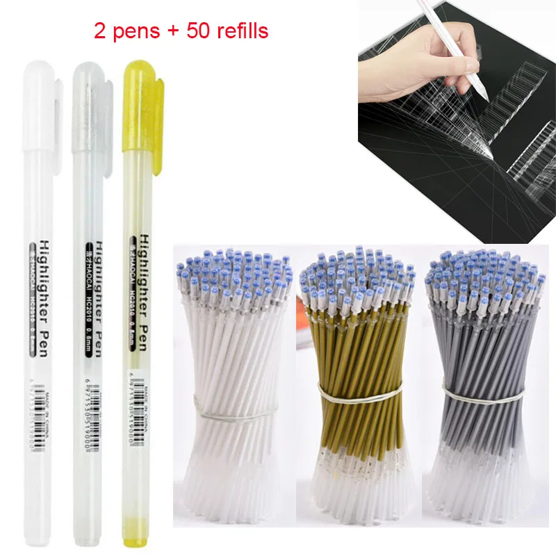 2pc+50pcs Refills/set, Gold/white/silver Drawing Animation Design White Refills Special for Student Calligraphy Black Card 0.8mm