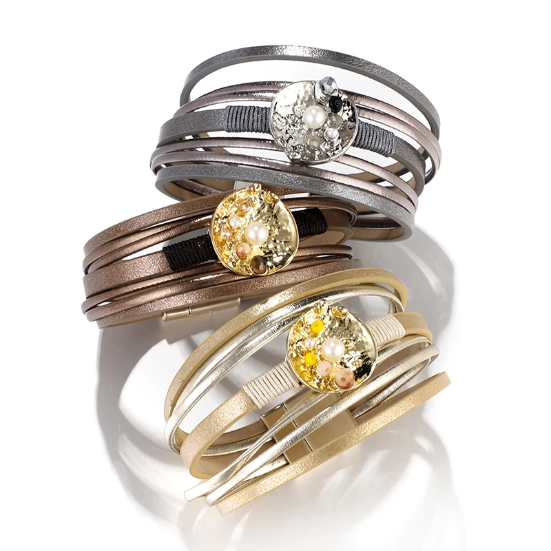 

Amorcome Trendy Multilayer Leather Wrap Bracelet for Women Boho Pearl Crystal Beads Metal Charm Cuff Bracelets Fashion Jewelry