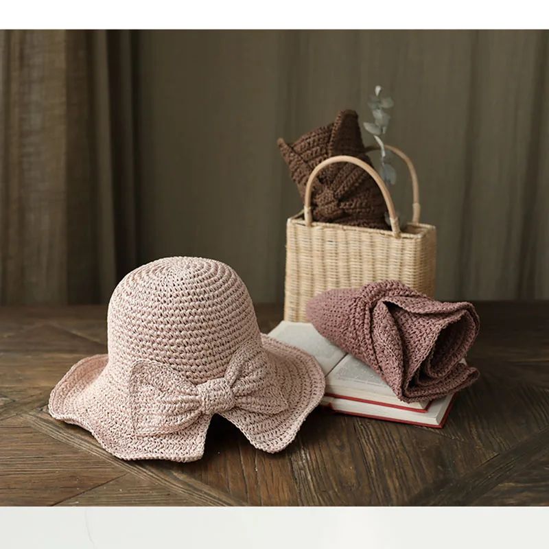 2020Parent-child 100%Raffia Bow Sun Hat Wide Brim Floppy Summer Hats For Women Beach Panama Straw Dome Bucket Hat Shade Hat