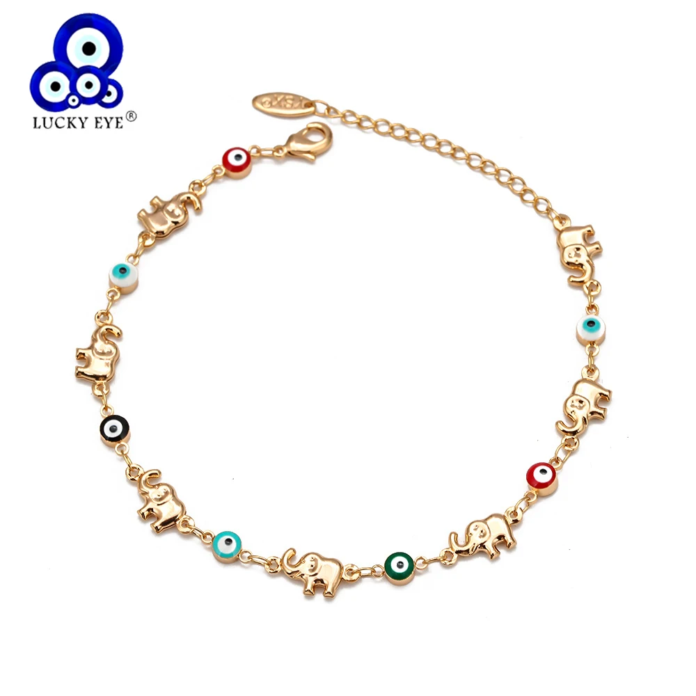 Lucky Eye Elephant Multi Color Evil Eye Charm Bracelet Copper Gold Color Chain Bracelet Adjustable for Women Girls Jewelry BD360