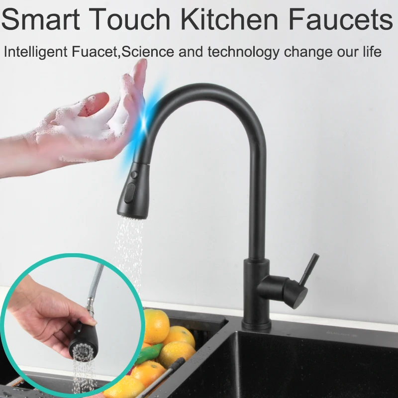 Touch Kitchen Faucet, Matte Black Pull Out Kitchen Faucet for Smart Sensor Kitchen Mixer Tap, Black Bronze Touch Kitchen Faucets