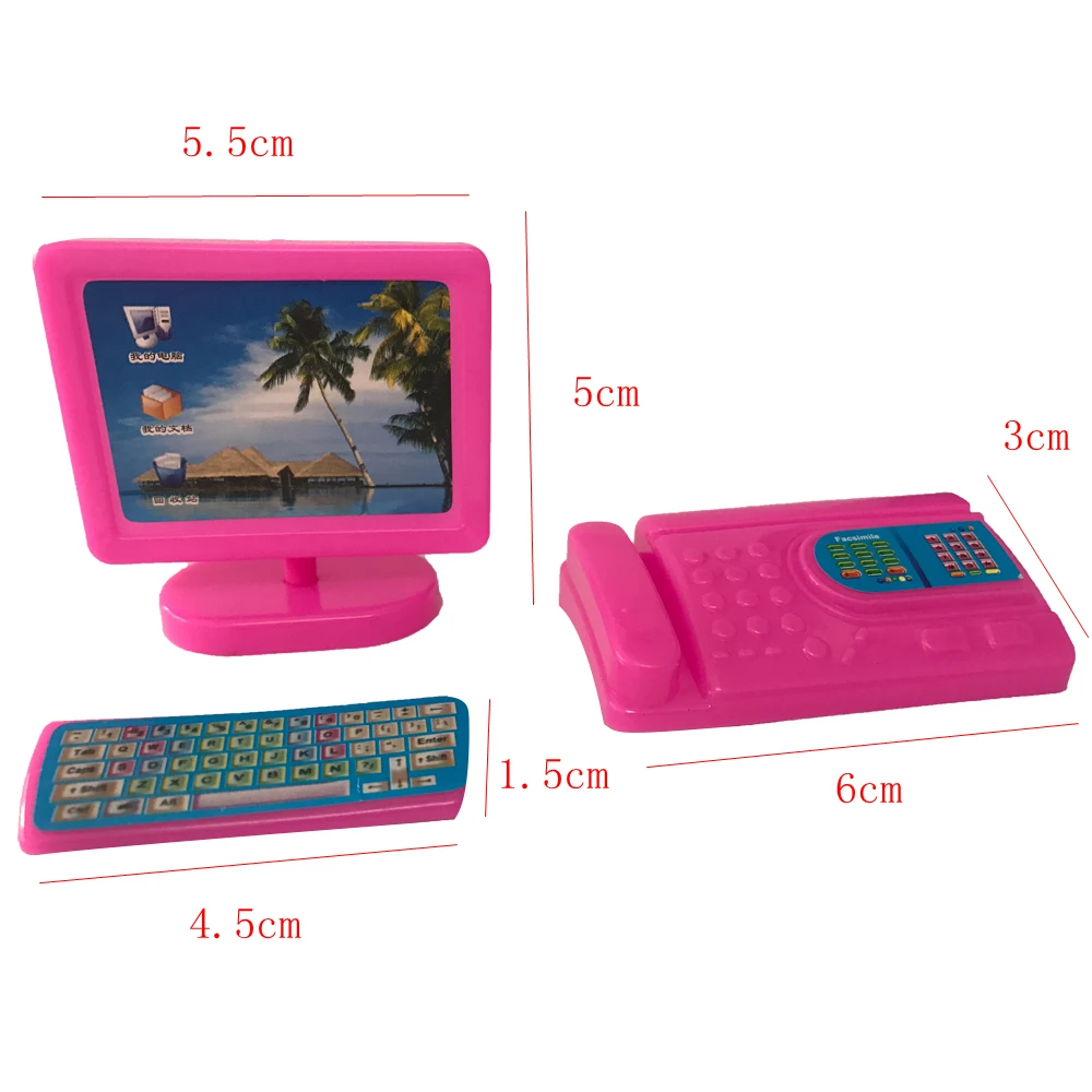 NK 3 Items/ Set Fashion Mini Pink Imitation Computer+keyboard+ Fax Phone For Barbie Doll Accessories 1:12 Kelly Doll Office Toy