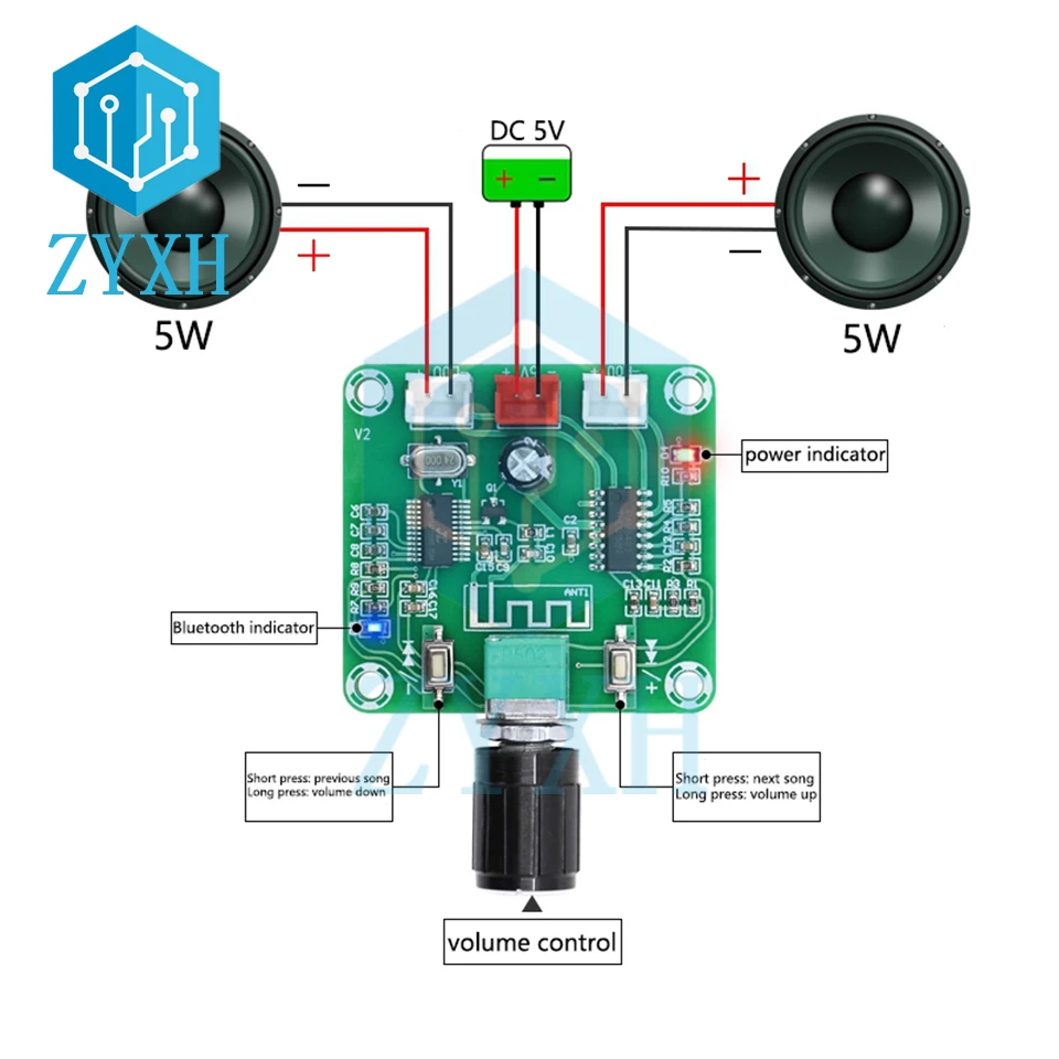 XH-A158 PAM8403 Bluetooth 5.0 Amplifier Board Class D 5W*2 Stereo Audio AMP Volume Control DC 5V For Laptop Speaker